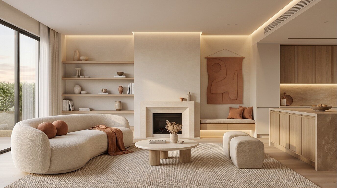 Bouclé Living Room - A pale open-plan living space with a curved bouclé sofa, recessed shelving, and a slimline fireplace.