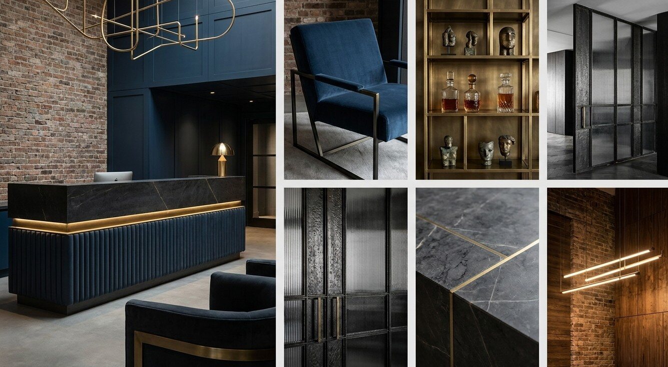 Bar & Lounge Direction - A navy and brass bar against exposed brick, with the marble, glazing, and shelving details set out beside it.