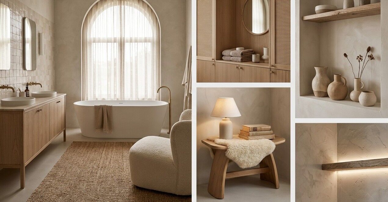 Bathroom Vignettes - A bathroom direction shown across three views - freestanding bath, vanity, and a styled shelf detail.