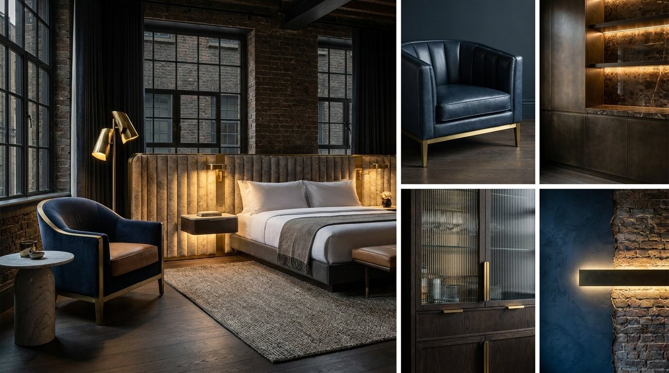 Industrial Bedroom Direction - A dark loft bedroom in navy leather, brick, and brass, with the lighting and cabinetry details beside it.