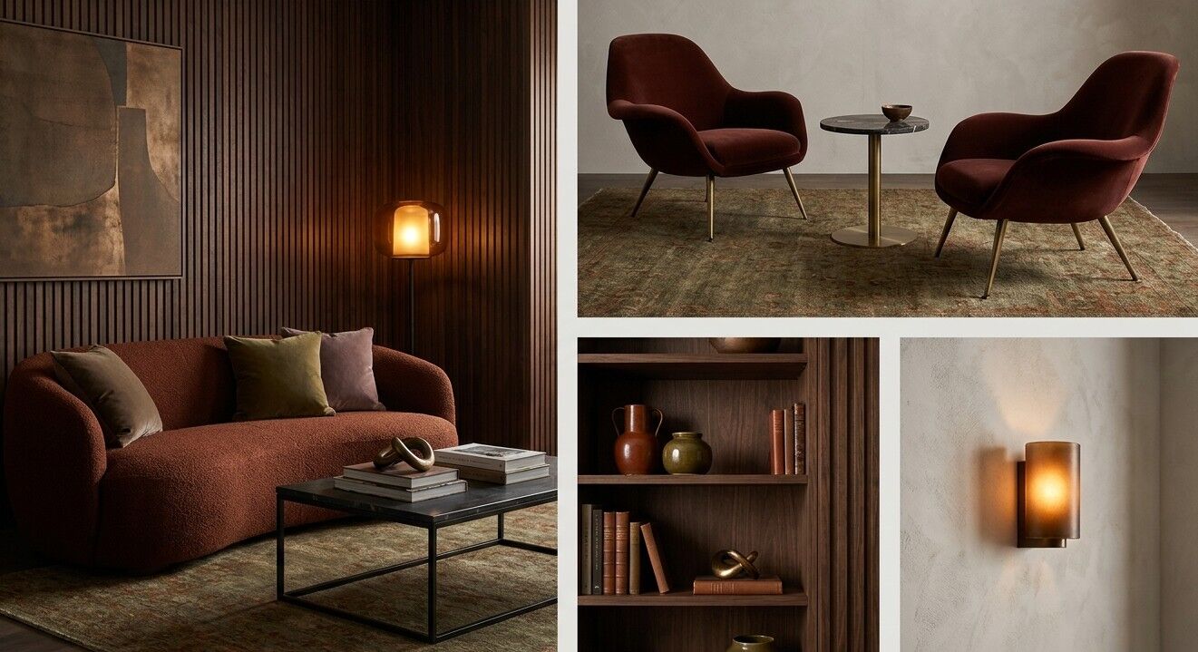 Blush Lounge Direction - A warm, low-lit direction in blush and oxblood against dark fluted timber.