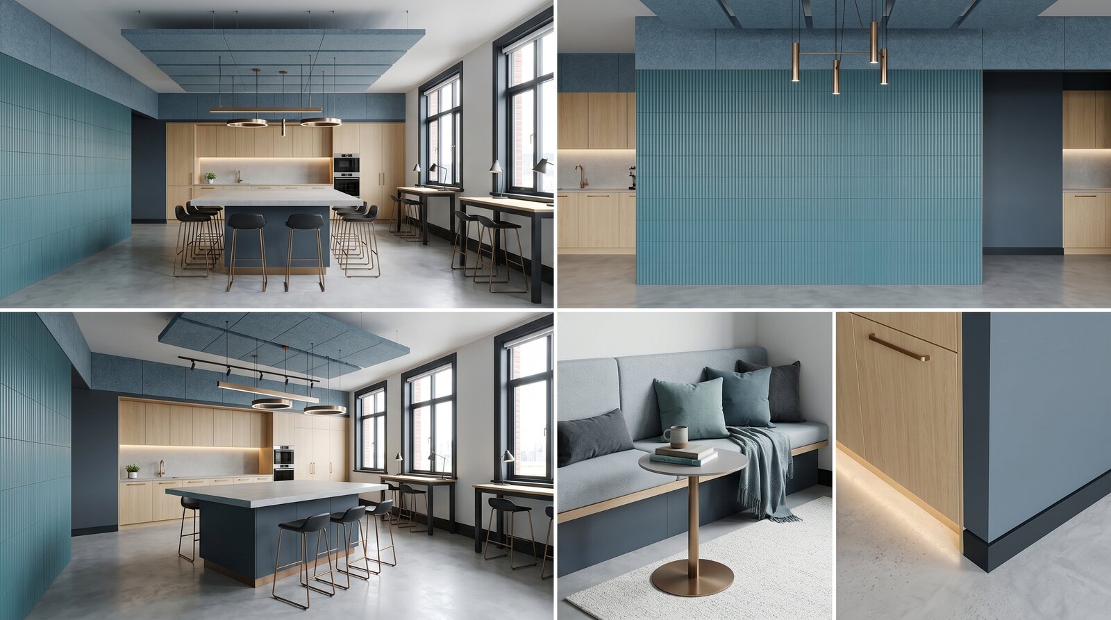 Blue Kitchen Direction - A tiled blue kitchen and breakout area, with the banquette and counter details shown alongside.
