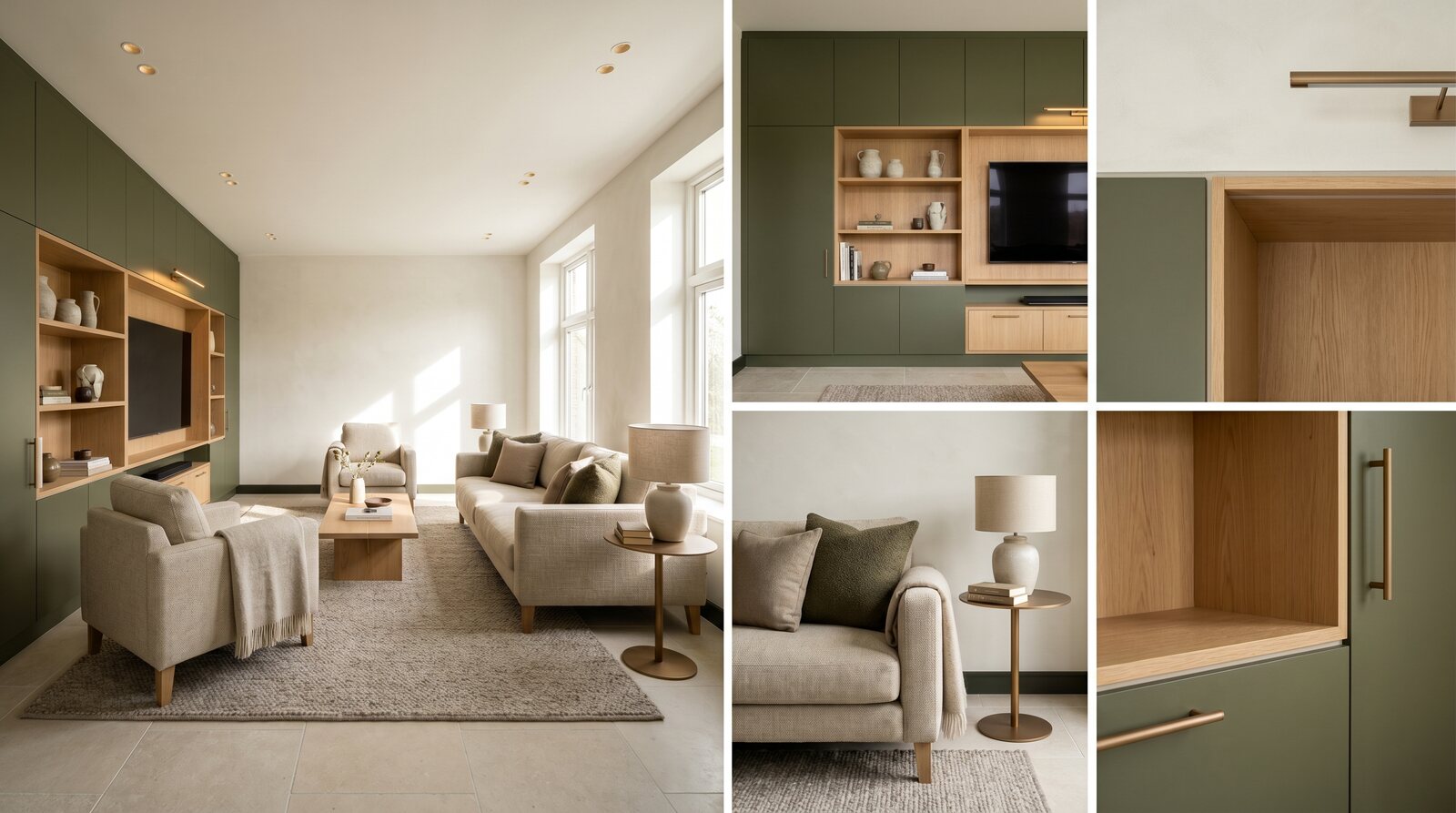 Olive Living Direction - An olive and oak living scheme, with the kitchen, alcove seating, and cabinetry details resolved together.