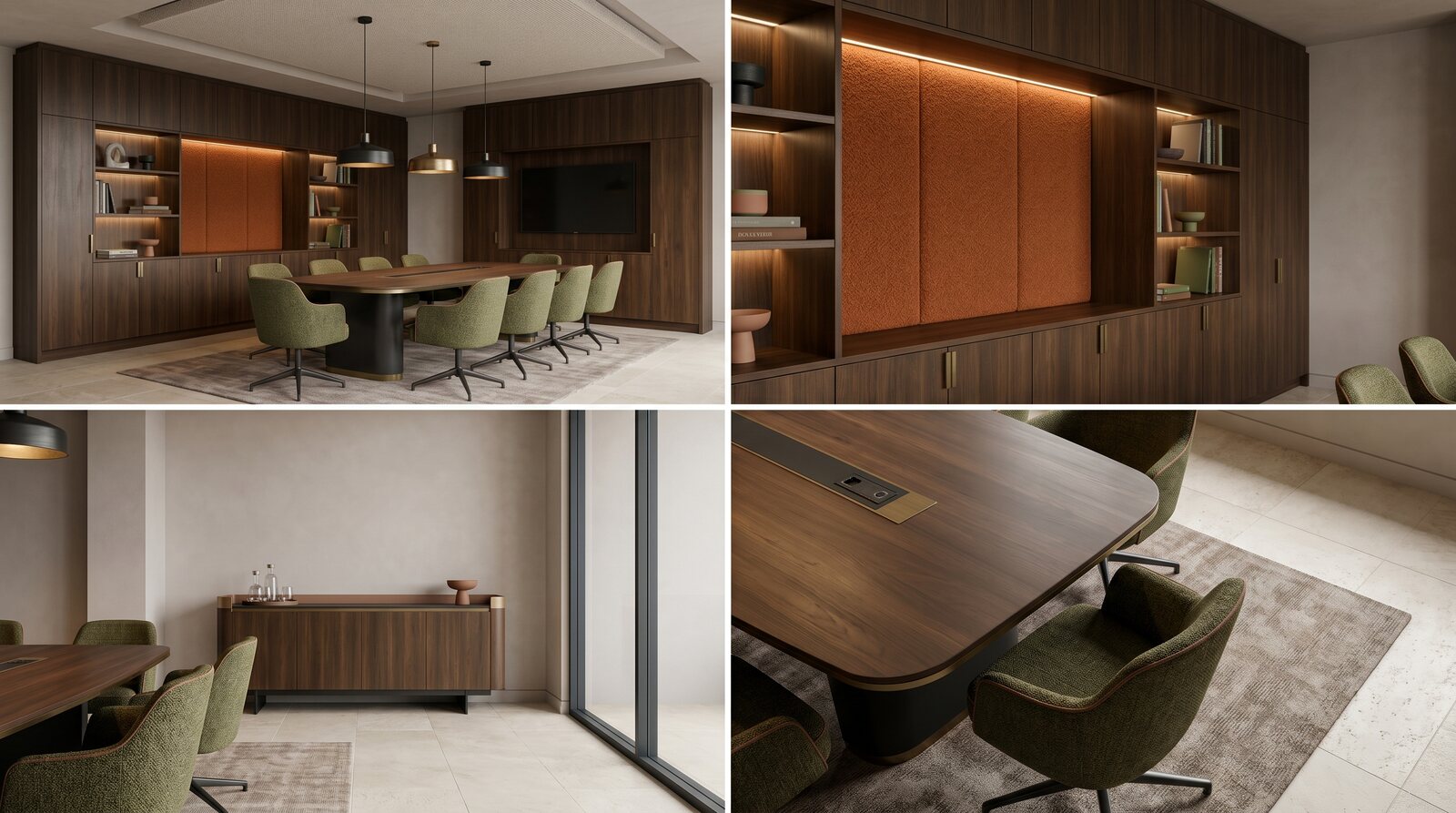 Meeting Room Direction - A meeting room in oak and olive, with the burnt-orange storage wall and table detail shown alongside.