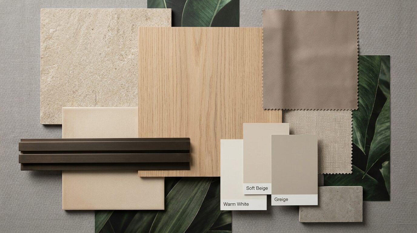 Finish Palette - Oak, marble, and soft green finishes set out together as a working palette.
