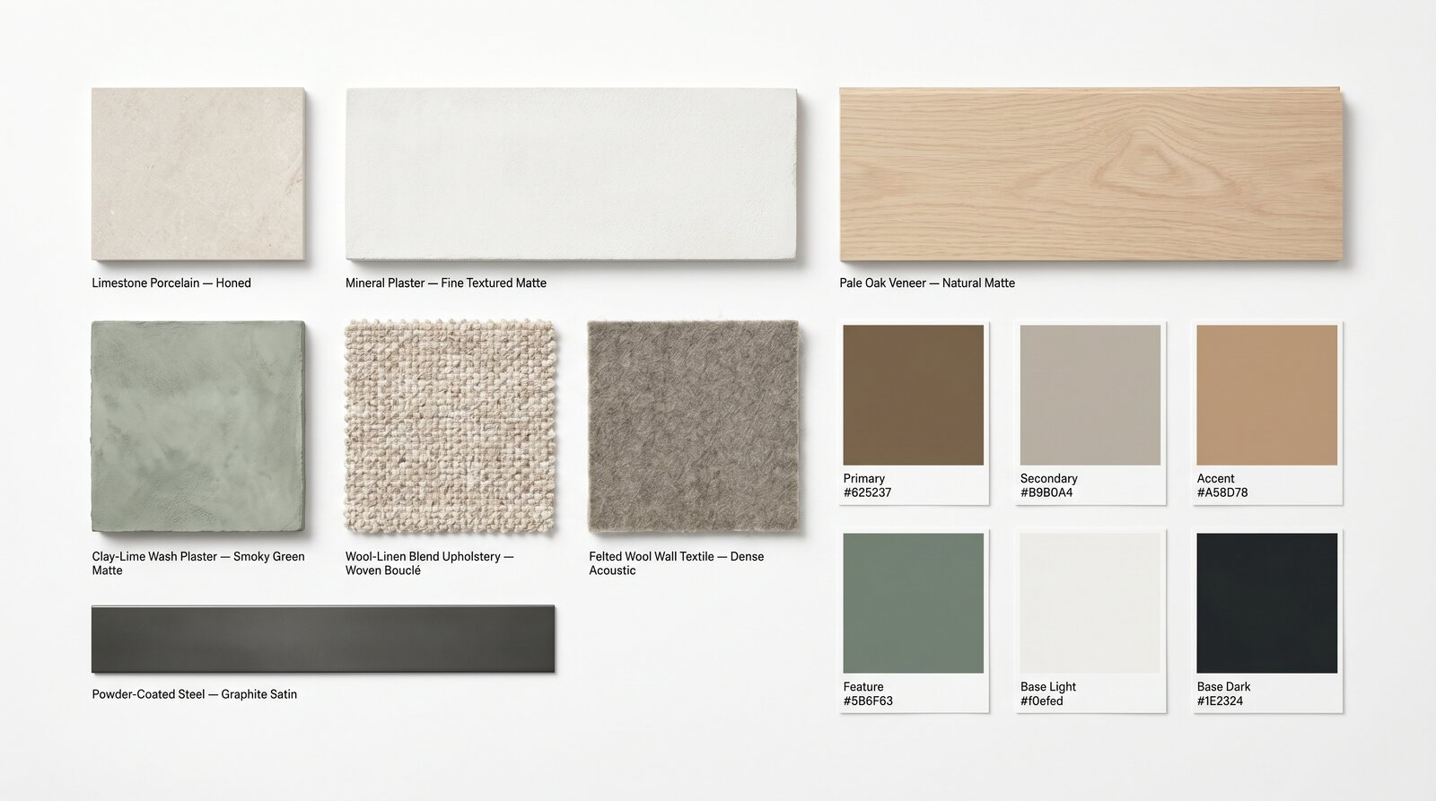 Plaster & Oak Palette - Limestone, mineral plaster, and pale oak, paired with the scheme's paint and upholstery references.