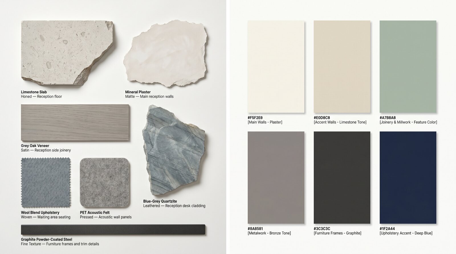 Stone & Colour Palette - Limestone, marble, and quartzite samples set against the scheme's paint and metal references.