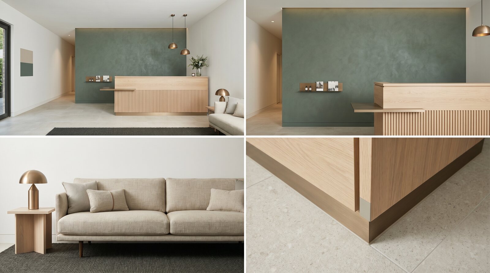 Sage Reception Direction - A sage reception counter in pale oak, with the waiting seating and stone detail shown alongside.