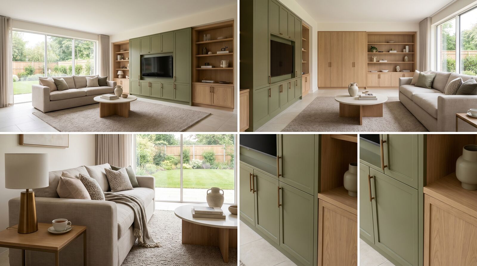 Sage Apartment Direction - A sage and pale-oak direction carried across the living room, kitchen, and built-in joinery.
