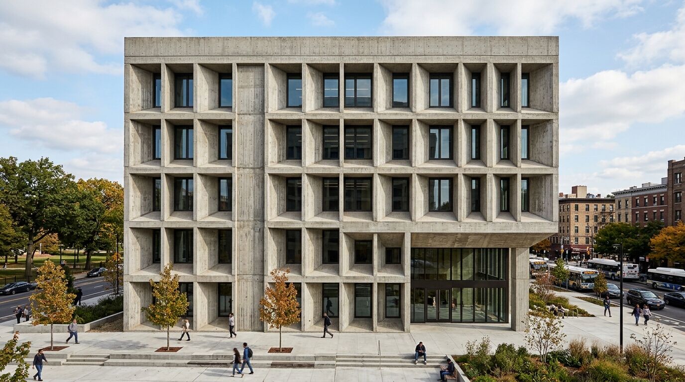 Concrete Grid - A deep-set concrete grid facade in full daylight, with planting and glazing at street level.