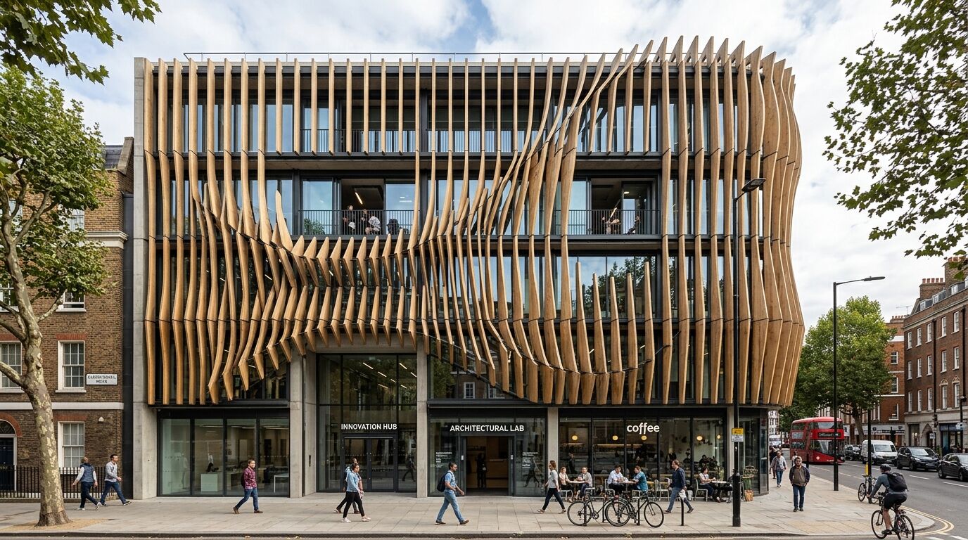Slatted Street Facade - A timber-screened frontage seen at street level, with the slats rippling across the elevation.