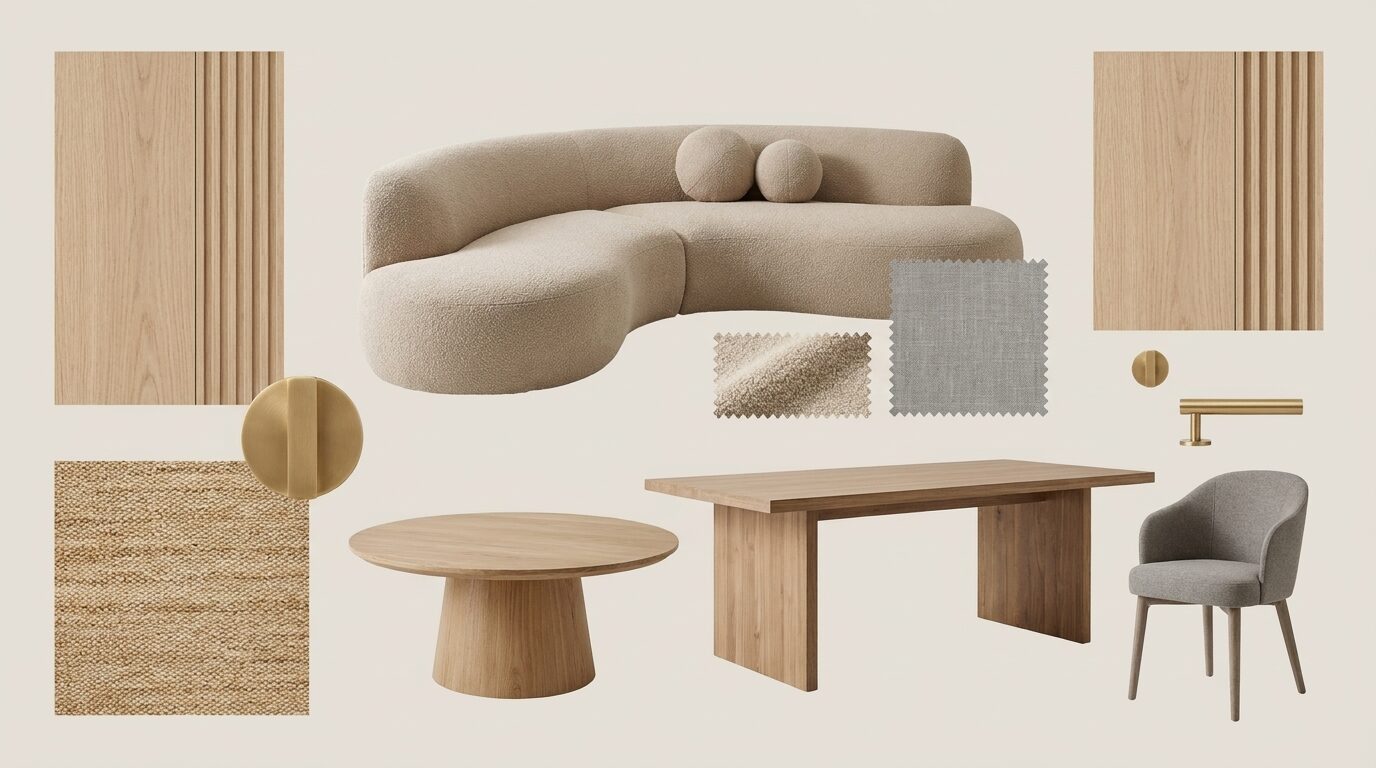 Furniture & Finishes - Furniture pieces set against the scheme's timber and textile palette.