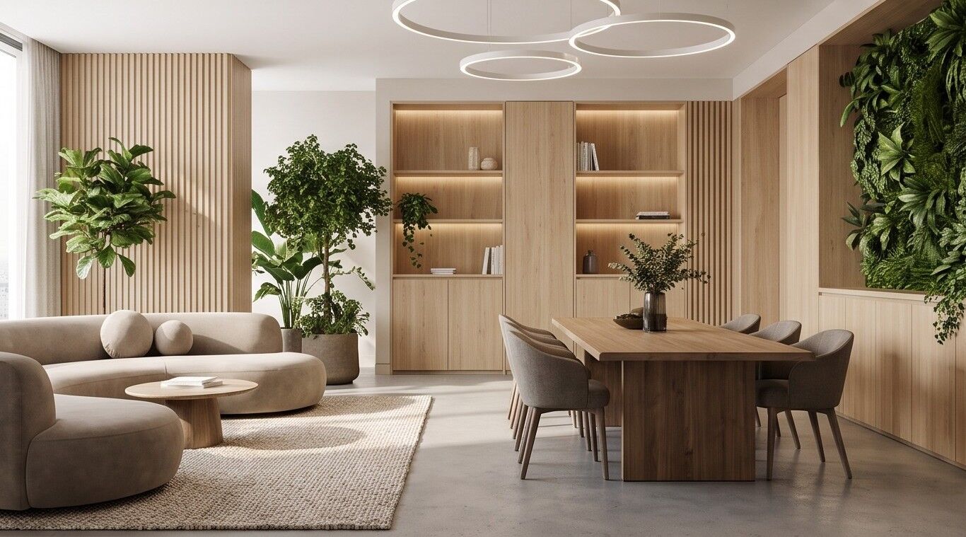 Oak Kitchen & Dining - Fluted oak cabinetry and a stone island opening onto a planted dining space.