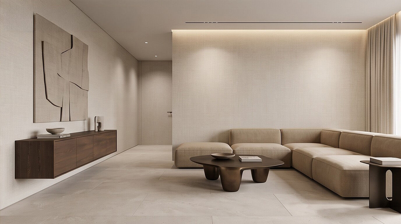 Travertine Living Room - A daylit living room in travertine and plaster, with a low sectional and a sculpted relief wall.