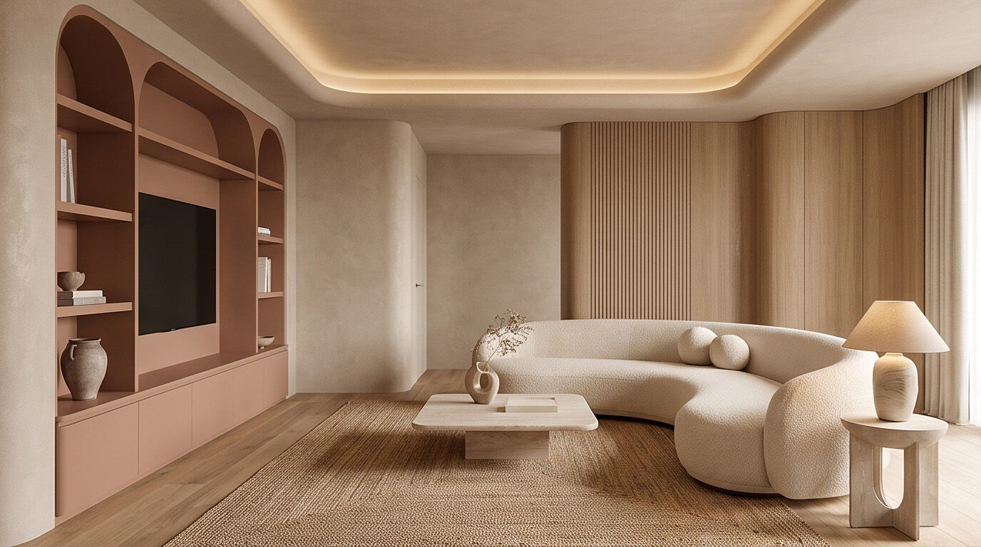 Curved Lounge - A curved modular sofa under a cove-lit ceiling, framed by arched oak joinery.