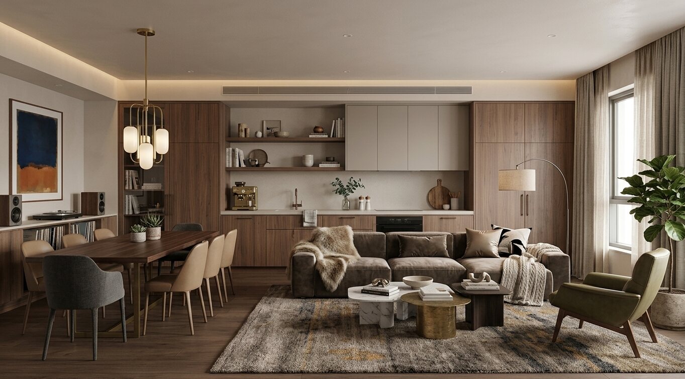 Open Plan Living & Dining - An open-plan apartment in warm neutrals, with a dining table, layered rug, and shelved wall.